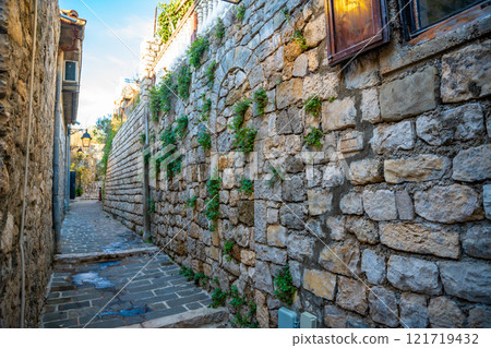Narrow street in Ulcinj Old Town in Montenegro, the southernmost city at Montenegrin coast, Europe Narrow street in Ulcinj Old Town in Montenegro, the southernmost city at Montenegrin coast, Europe 121719432