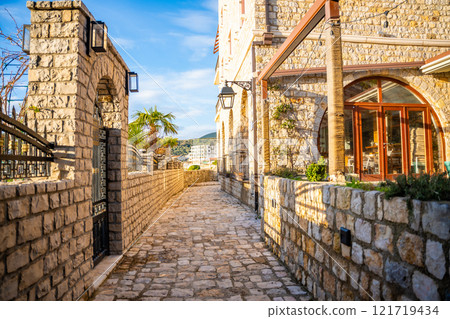 Narrow street in Ulcinj Old Town in Montenegro, the southernmost city at Montenegrin coast, Europe Narrow street in Ulcinj Old Town in Montenegro, the southernmost city at Montenegrin coast, Europe 121719434