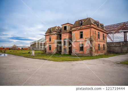 Abandoned building of salt production facilities near Ulcinj town in Montenegro 121719444