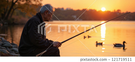 Elderly man peacefully fishing at sunset by tranquil waters in Japan 121719511