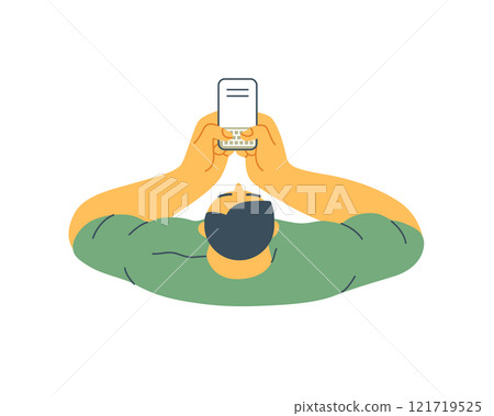 Writing people, modern flat vector concept illustration- sitting man thoughtfully writing on laptop, top view. Metaphor for reflection, insight, contemplation, creative expression Writing people, modern flat vector concept illustration- sitting man thoughtfully writing on laptop, top view. Metaphor for reflection, insight, contemplation, creative expression 121719525