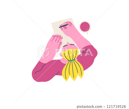 Writing people, modern flat vector concept illustration- sitting woman thoughtfully writing on paper, top view. Metaphor for reflection, insight, contemplation, creative expression Writing people, modern flat vector concept illustration- sitting woman thoughtfully writing on paper, top view. Metaphor for reflection, insight, contemplation, creative expression 121719526