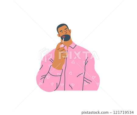 Thinking people, modern flat vector concept illustration- man standing thoughtfully, looking upwards. Metaphor for reflection, analysis, introspection, contemplation, deep thought 121719534