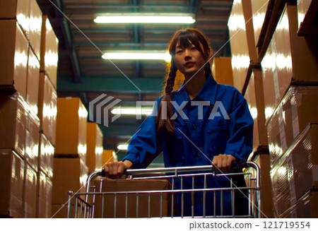 A female worker picking items in a warehouse 121719554