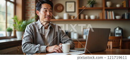 Man enjoying a warm drink while working on a laptop in a cozy Japanese cafe setting 121719611