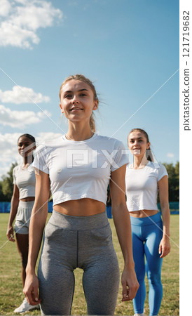 Women standing confidently on a field, embodying fitness and determination. 121719682