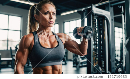 A female bodybuilder doing bicep curls in a gym, demonstrating concentration and effort. A female bodybuilder doing bicep curls in a gym, demonstrating concentration and effort. 121719683