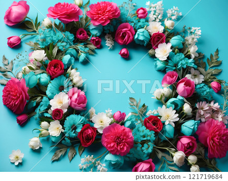 A vibrant floral wreath with a mix of pink, white, and turquoise flowers against a turquoise background. A vibrant floral wreath with a mix of pink, white, and turquoise flowers against a turquoise background. 121719684