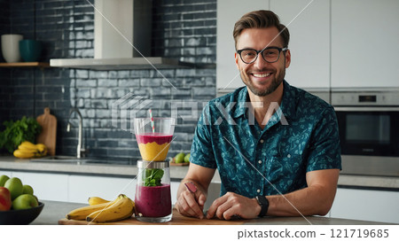 Man in a stylish kitchen smiling while enjoying a colorful layered smoothie made from fresh berries, bananas, and greens. Man in a stylish kitchen smiling while enjoying a colorful layered smoothie made from fresh berries, bananas, and greens. 121719685