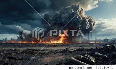 A large-scale explosion in an industrial area, with dark smoke and fire dominating the scene, symbolizing the impact of industrial disasters 121719689