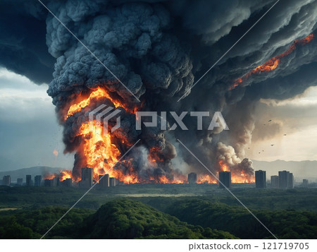 A massive explosion with towering flames and dark smoke, impacting an urban area and surrounding nature 121719705