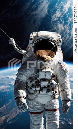 An astronaut floating in space, with Earth and clouds visible below. 121719714