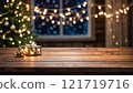 Empty woooden table top with abstract warm living room decor, Holiday backdrop,Mock up banner for display of advertise product 121719716