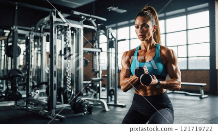 A female bodybuilder working out in a modern gym, exuding strength and focus. 121719722