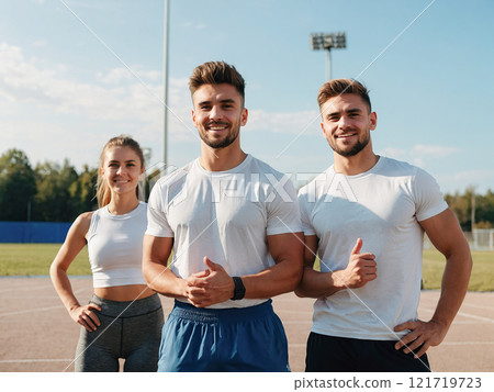 Athletes standing on a track, embodying fitness and determination. 121719723