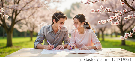 Young couple enjoying cherry blossom season while drawing in a park under blooming trees 121719751