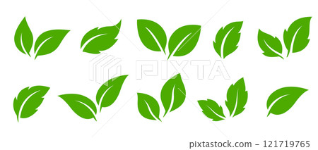 Flying leaves icons, green branches silhouettes Flying leaves icons, green branches silhouettes 121719765
