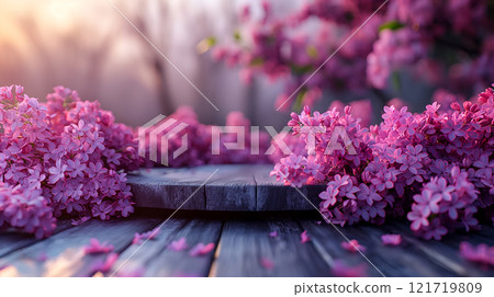 Beautiful lilac flower on podium for Mother's, Valentine's day, spring celebration. Generative AI 121719809