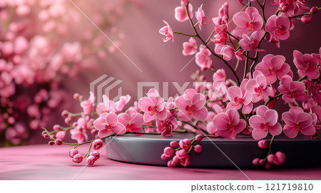 Pink orchids product presentation podium, pedestal for Mother's, Valentine's day. Generative AI 121719810