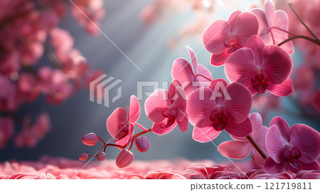 Vibrant pink orchids product presentation background for Mother's, Valentine's day. Generative AI 121719811