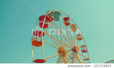 Retro Colorful Ferris Wheel At Sunny Blue Sky. Generative AI Retro Colorful Ferris Wheel At Sunny Blue Sky. Generative AI 121719825