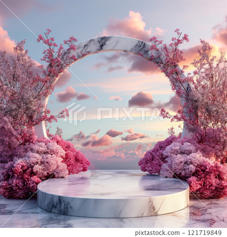 Elegant display of pink flowers with marble pedestal at sunset, mock up background. Generative AI 121719849