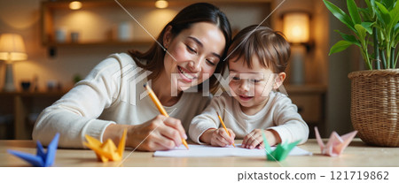 Mother and child engage in creative drawing at home during a cozy afternoon 121719862