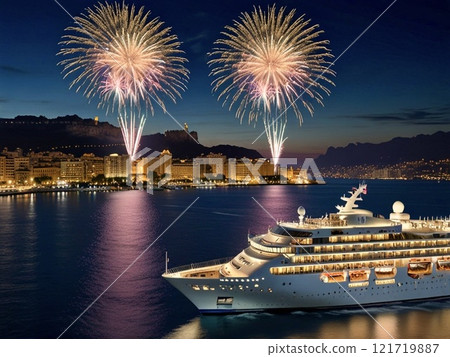 豪華遊輪和煙火進入歐洲港口 121719887