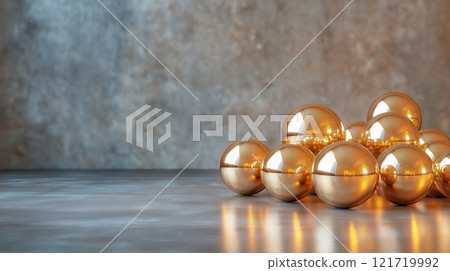 Shiny golden spheres arranged on smooth surface, reflecting light beautifully Shiny golden spheres arranged on smooth surface, reflecting light beautifully 121719992