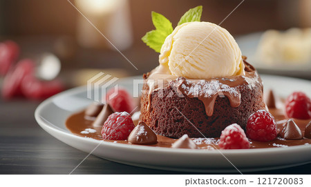 Decadent chocolate dessert topped with ice cream and fresh raspberries 121720083