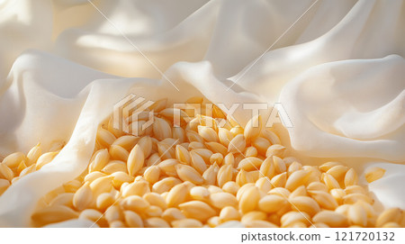 Soft golden corn kernels nestled in delicate white fabric create serene and inviting scene 121720132