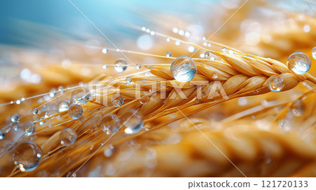Golden wheat with dew drops glistening in sunlight creates serene atmosphere 121720133