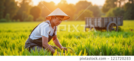Farmer working in rice field during sunset in Japan with traditional straw hat and wooden cart nearby 121720283