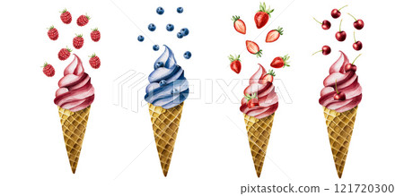 Set of ice creams with flying berries in crispy waffle cone. Raspberry, cherry, strawberry, blueberry. Hand painting sweet watercolor illustration isolated on background. For designers, menu, shop Set of ice creams with flying berries in crispy waffle cone. Raspberry, cherry, strawberry, blueberry. Hand painting sweet watercolor illustration isolated on background. For designers, menu, shop 121720300