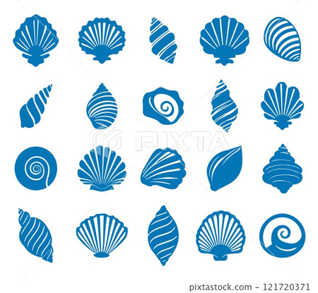 Seashells blue icons set. Limpets scallops clams spiral conch gastropods crab marine shells. Undersea life nature nautical summer exotic design elements. Simple flat style isolated vector clipart Seashells blue icons set. Limpets scallops clams spiral conch gastropods crab marine shells. Undersea life nature nautical summer exotic design elements. Simple flat style isolated vector clipart 121720371
