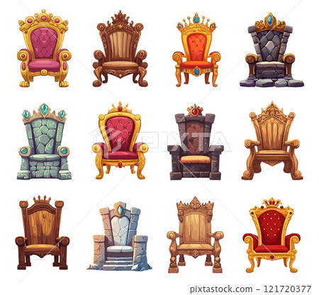 Royal thron set. Made from wood stone gold. Medieval king and queen place of power luxury antique chair decoarted with presiouse gems. Thematical game design element. Cartoon style isolated vector 121720377