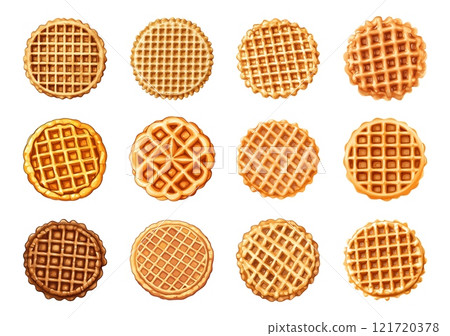 Round waffle top view set. Breakfast lunch meal with and without liquid topping syrup honey. Sweet morning food pastry snack. Wafer menu design element. Cartoon style isolated vector clipart 121720378
