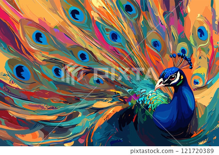 Peacock horizontal background. Multi colored feathers spread out. Royal peacock bird displaying its beautiful bright tail. Elegant cover backdrop banner poster. Beauty in nature. Cartoon style vector 121720389
