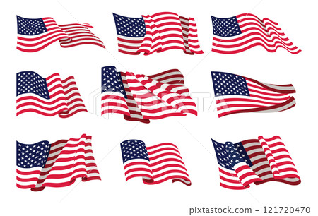 USA flags set. American national flags waving symbols isolated on white background. Banner design elements 121720470