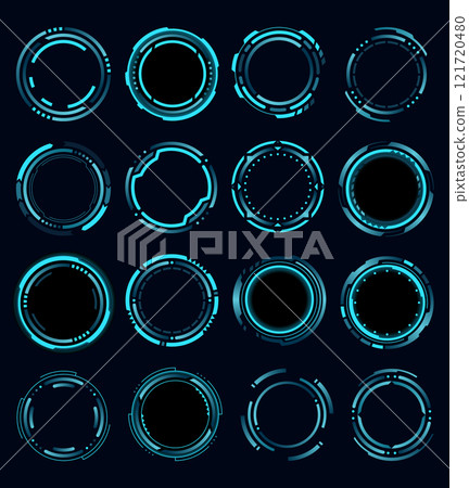 Set of hud round frames or borders, sci fi circular neon elements for digital ui game interface. Futuristic data UI display buttons. Vector radars for aim control target and navigation 121720480