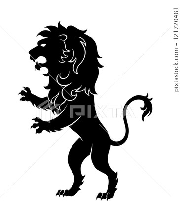 Heraldic lion silhouette. Black standing lion in flat style. Heraldic icon, symbol and design element isolated on white background. Vector illustration 121720481