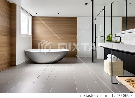 Modern spacious bathroom, clean, minimalist, functional, and stylishly designed.AI Generated 121720699