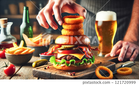 A detailed close-up of a hand carefully assembling a gourmet burger, featuring layers of fresh ingredients like crispy onion rings, bacon, lettuce, tomato, and melted cheese. The scene is set on a 121720999