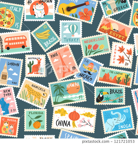 Post stamps pattern. Beautiful landscape illustration on pos stamps recent vector seamless background 121721053