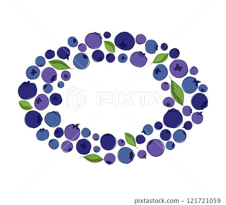 Blueberry with leaves oval frame with ripe blueberries in blue and violet tones on a white isolated background. graphic line vector illustration. 121721059