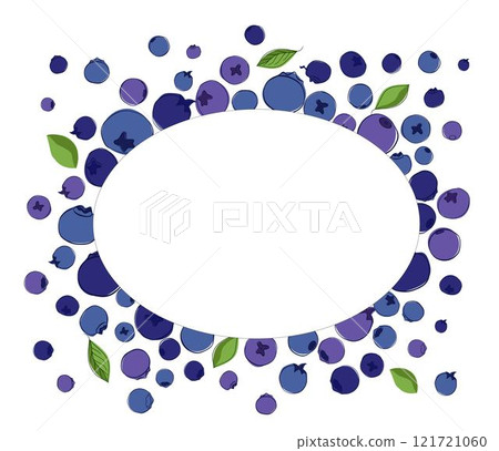 blue and violet oval geometric frame with ripe blueberries on white isolated transparent background. graphic line vector illustration. 121721060