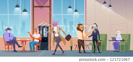 Animals working. Office business anthropomorphic characters talking exact vector cartoon background 121721067