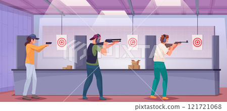Shooting gallery. Indoor interior with different shooting targets and people with weapons exact vector cartoon background 121721068