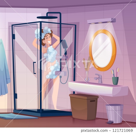 woman bathing. cleaning body and shower time bathroom interior woman bathing. cleaning body and shower time bathroom interior 121721069