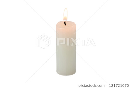 Burning ribbed pillar wax candle isolated on white Burning ribbed pillar wax candle isolated on white 121721070